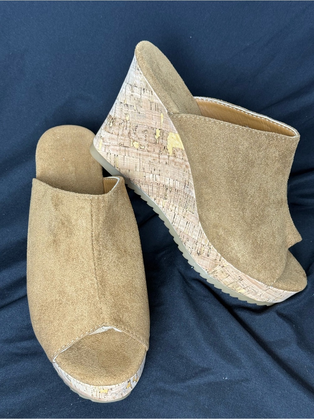 Women's Tan Suede Cork Wedge Mules